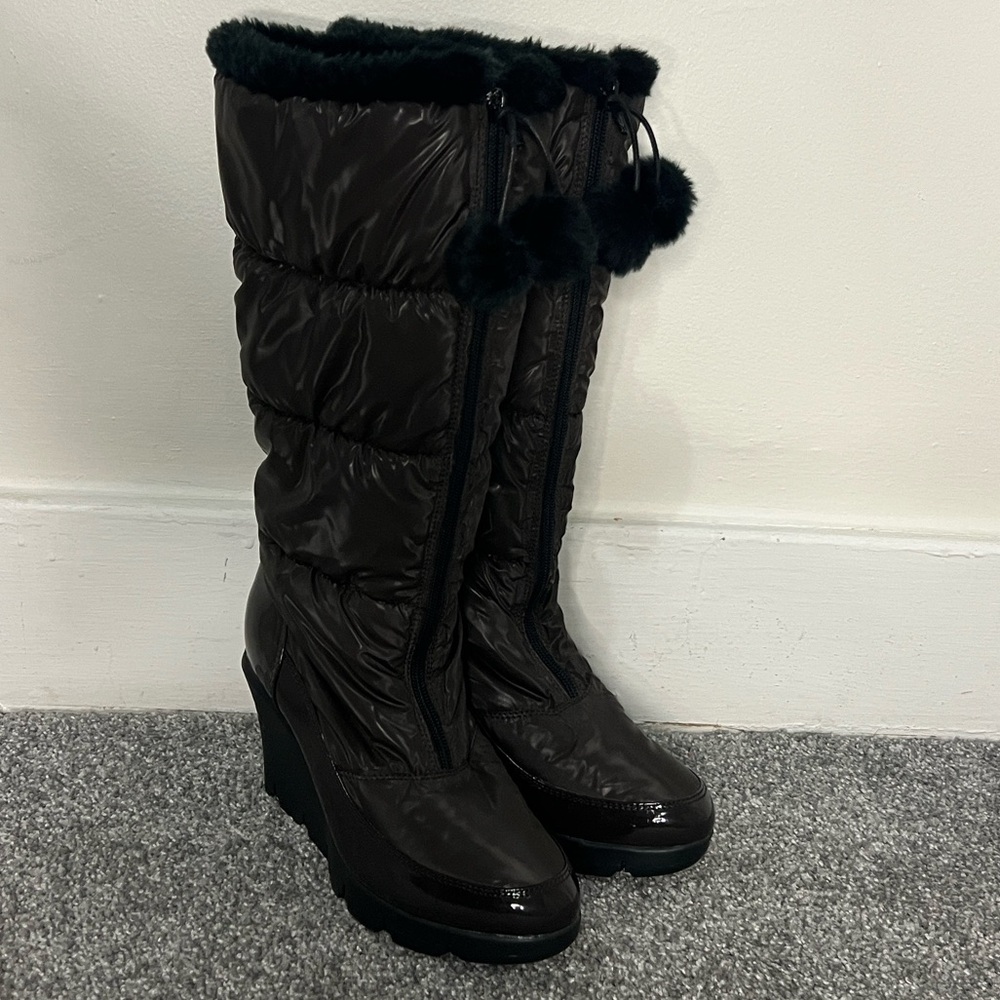 Chocolate Brown Quilted Knee-High Boots with Pom Poms - Picture 3 of 8
